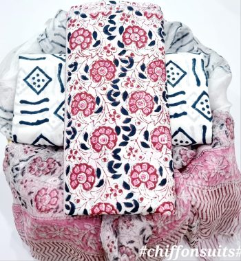 Hand Block Cotton Suit with Chiffon Dupatta