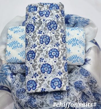 Hand Block Cotton Suit with Chiffon Dupatta