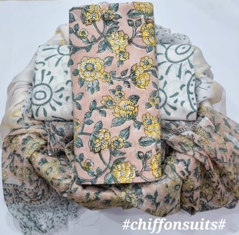 Hand Block Cotton Suit with Chiffon Dupatta