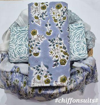 Hand Block Cotton Suit with Chiffon Dupatta