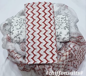 Hand Block Cotton Suit with Chiffon Dupatta
