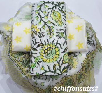Hand Block Cotton Suit with Chiffon Dupatta