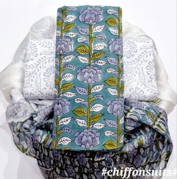 Hand Block Cotton Suit with Chiffon Dupatta