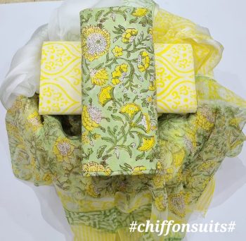 Hand Block Cotton Suit with Chiffon Dupatta