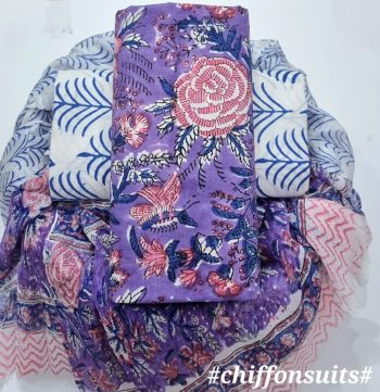 Hand Block Cotton Suit with Chiffon Dupatta