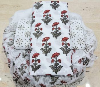 Hand Block Cotton Suit with Chiffon Dupatta