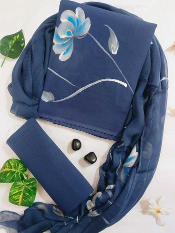 Hand Block Cotton Suit with Chiffon Dupatta