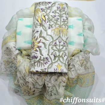 Hand Block Cotton Suit with Chiffon Dupatta