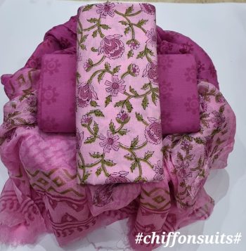 Hand Block Cotton Suit with Chiffon Dupatta