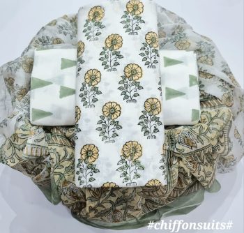 Hand Block Cotton Suit with Chiffon Dupatta